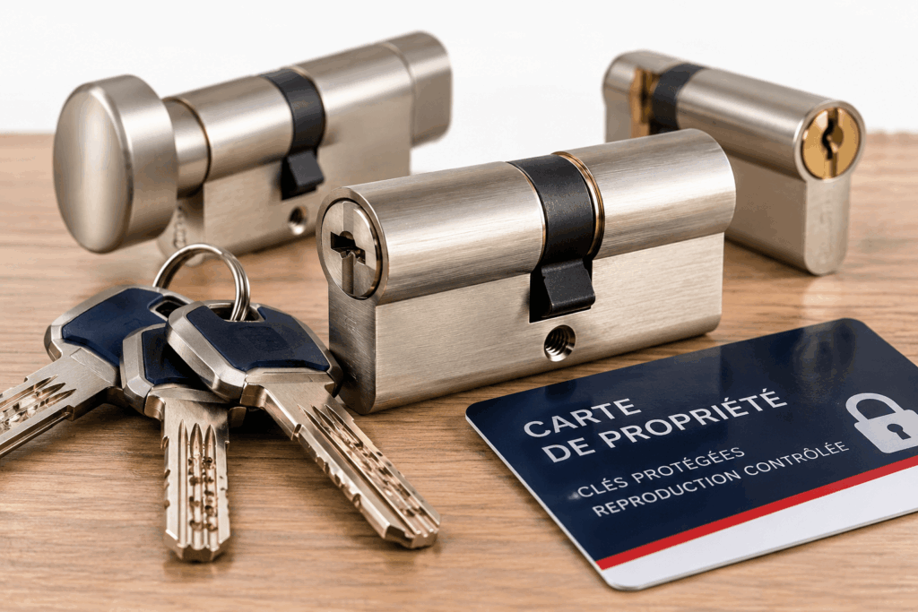 Cylindres de haute sécurité avec clés protégées et carte de propriété pour sécuriser une porte d'entrée à Saint-Étienne
