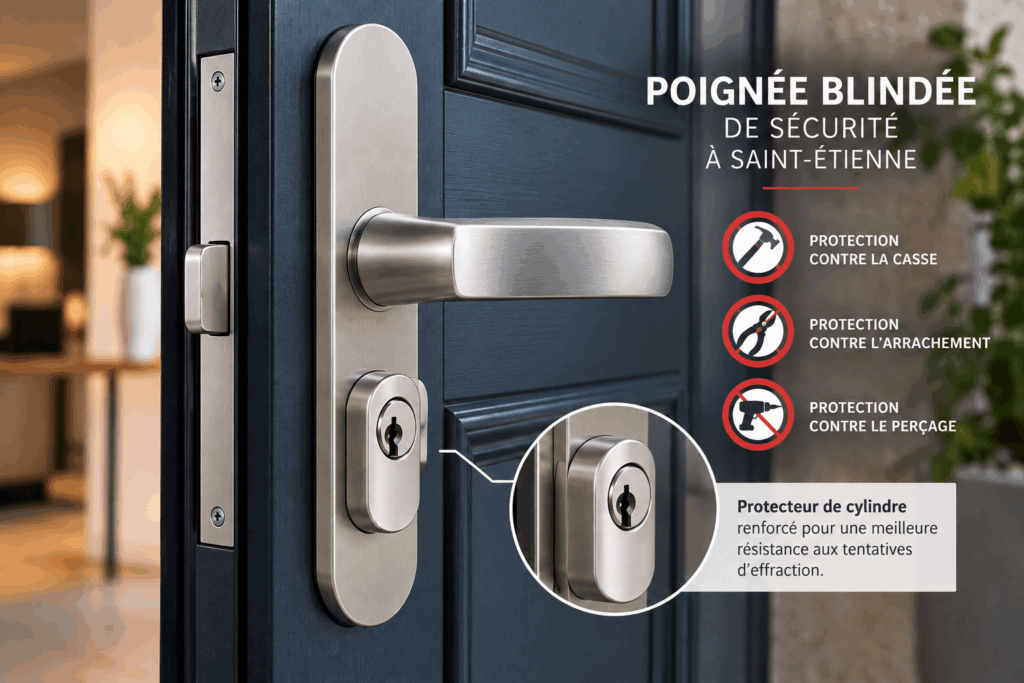 Poignée blindée de sécurité avec protecteur de cylindre et serrure 1 point pour renforcer une porte d'entrée à Saint-Étienne.